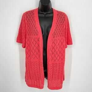 CJ Banks Cardigan NEW Womens Sz 14 W Coral Orange Open Front Open Weave Knit